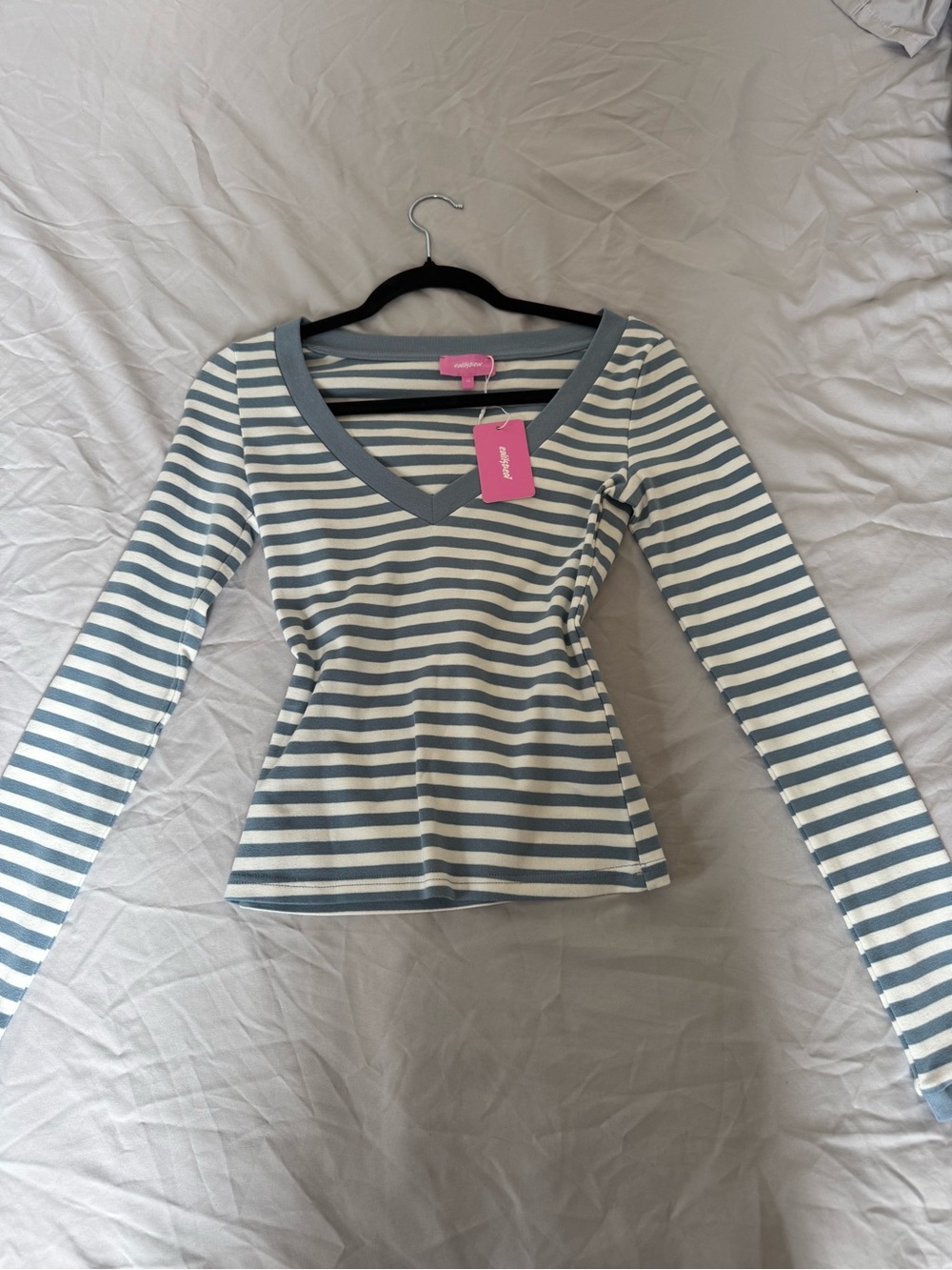 Edikted Blue and White Striped V-Neck Long Sleeve Top